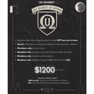 CRT University course cover showing trading education, video library, and private mentorship by Romeotpt.