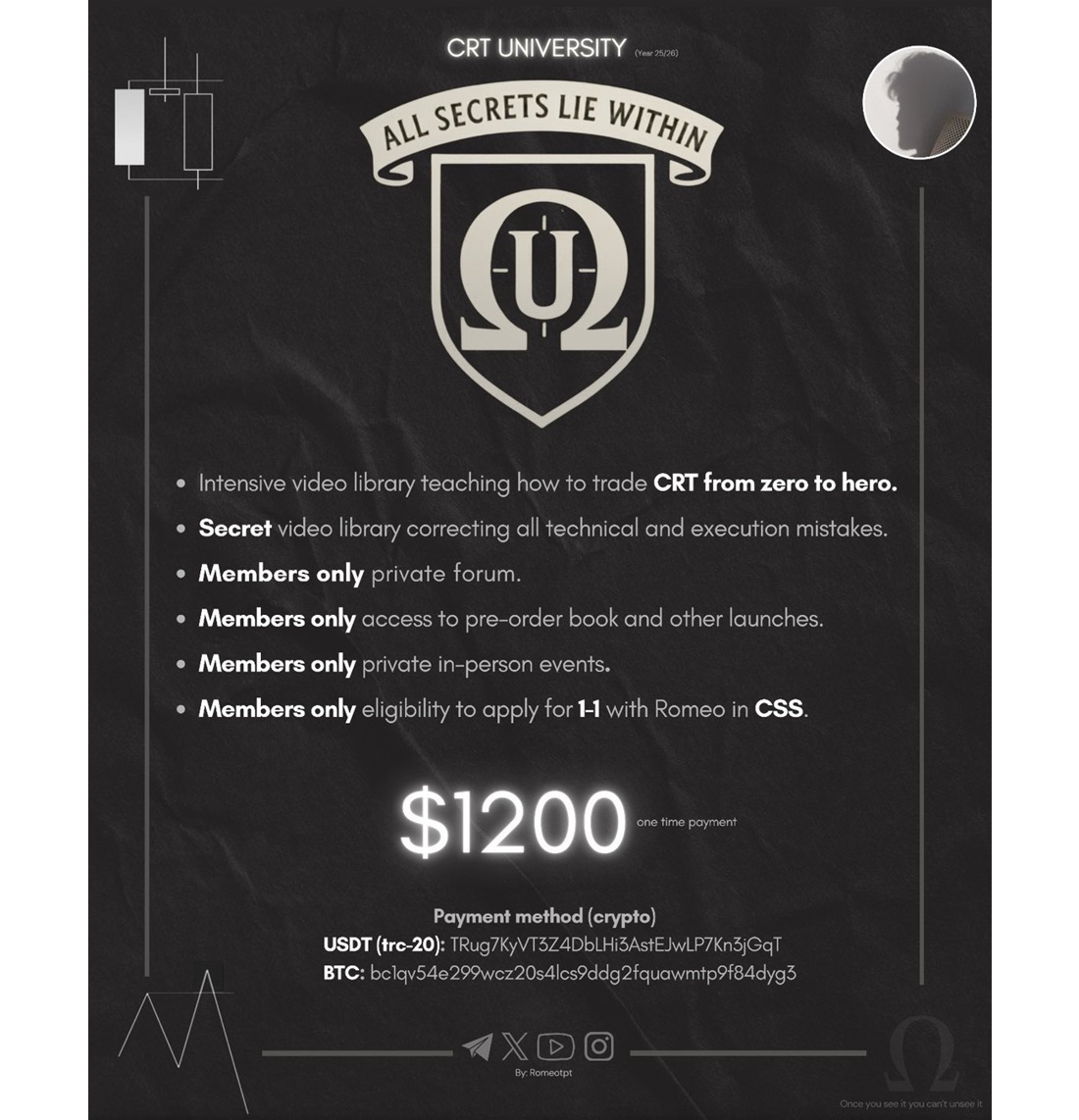 CRT University course cover showing trading education, video library, and private mentorship by Romeotpt.