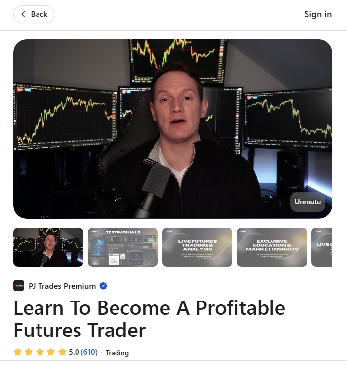 PJ Trades Premium cover showing live futures trading, educational classes, and prop firm guidance.