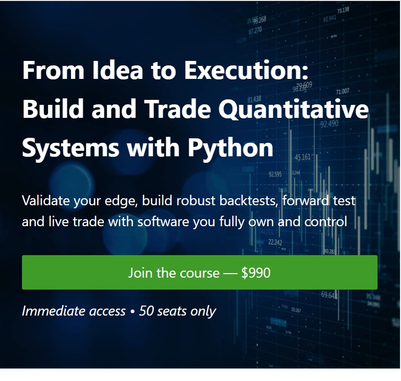 Cover image for Quantitativo Python trading Course showcasing quantitative trading system development with Python programming.