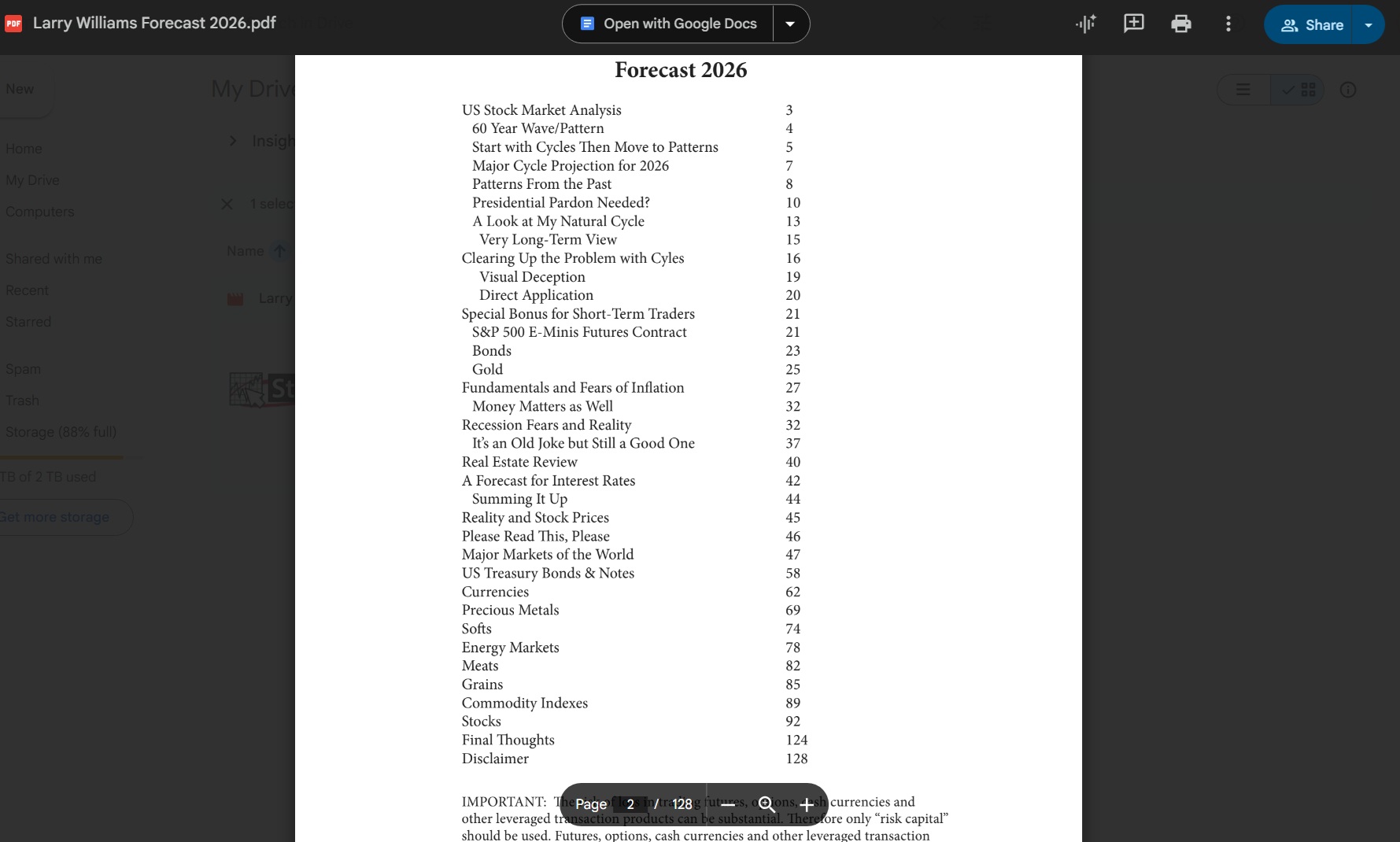 Larry Williams Market Forecast 2026 Ebook Table of Contents