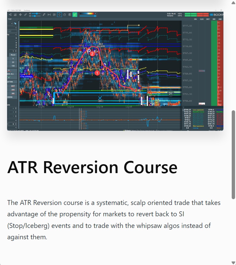 Scott Pulcini ATR Reversion Course trading curriculum showing ATR reversion strategies and scalp trading setups
