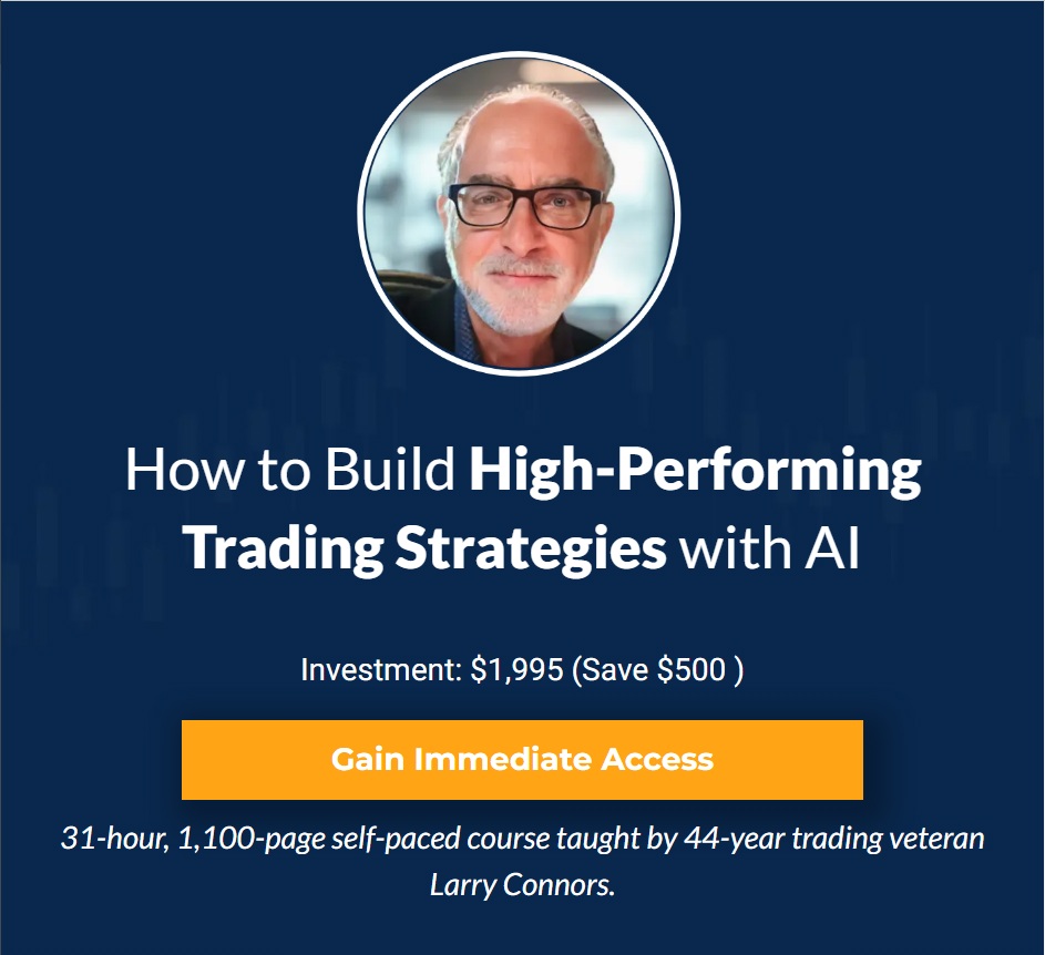 Larry Connors AI trading course digital cover showing strategy development using ChatGPT and AI tools