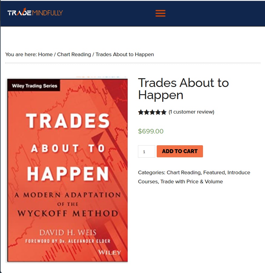 Trades About to Happen course digital cover showing Wyckoff method trading and price volume analysis