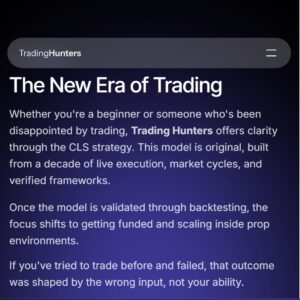 Trading Hunters Academy course showing CLS strategy and rule-based trading system for forex crypto and indices
