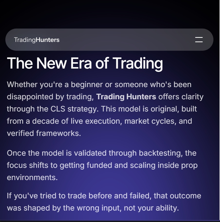 Trading Hunters Academy course showing CLS strategy and rule-based trading system for forex crypto and indices
