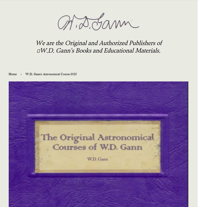 W.D. Gann Astronomical Course 2025 book cover showing astrological trading concepts and market forecasting material