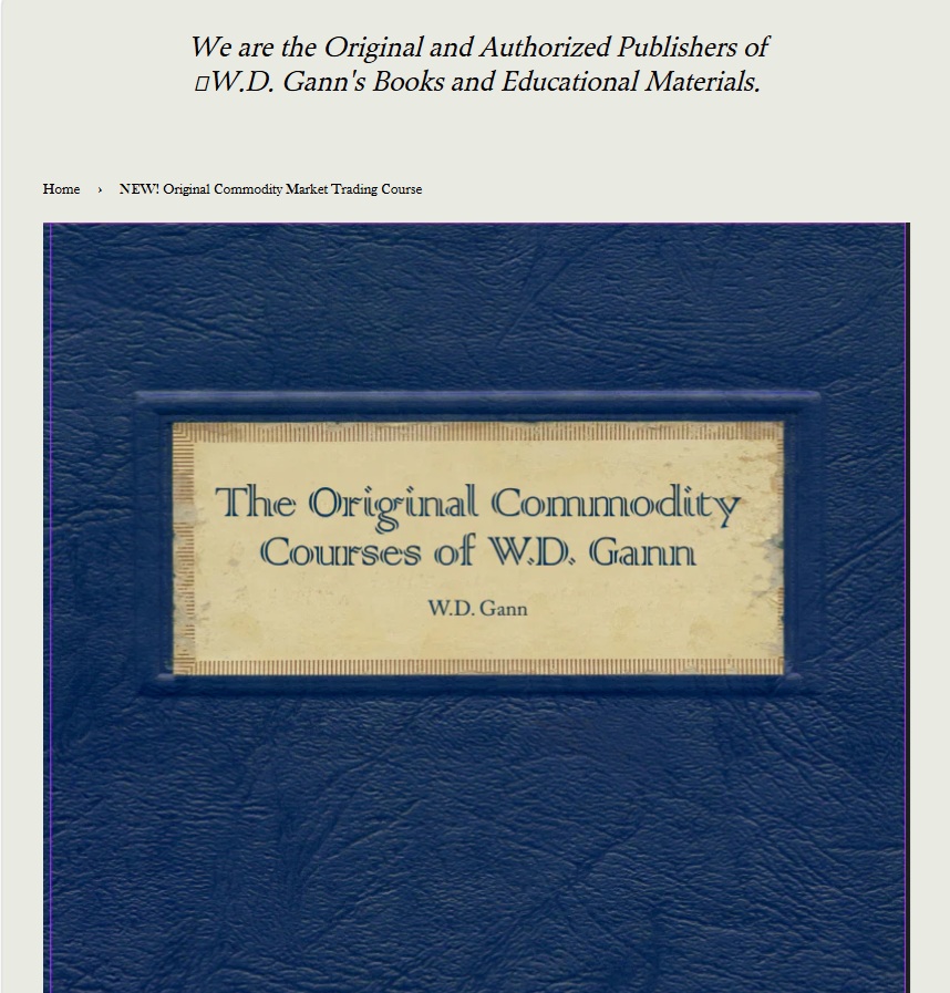 W.D. Gann Original Commodity Market Trading Course book cover showing full-color trading course and chart analysis materials