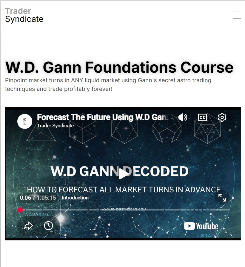 Trader Syndicate Gann course digital cover showing astro cycle trading and market timing concepts