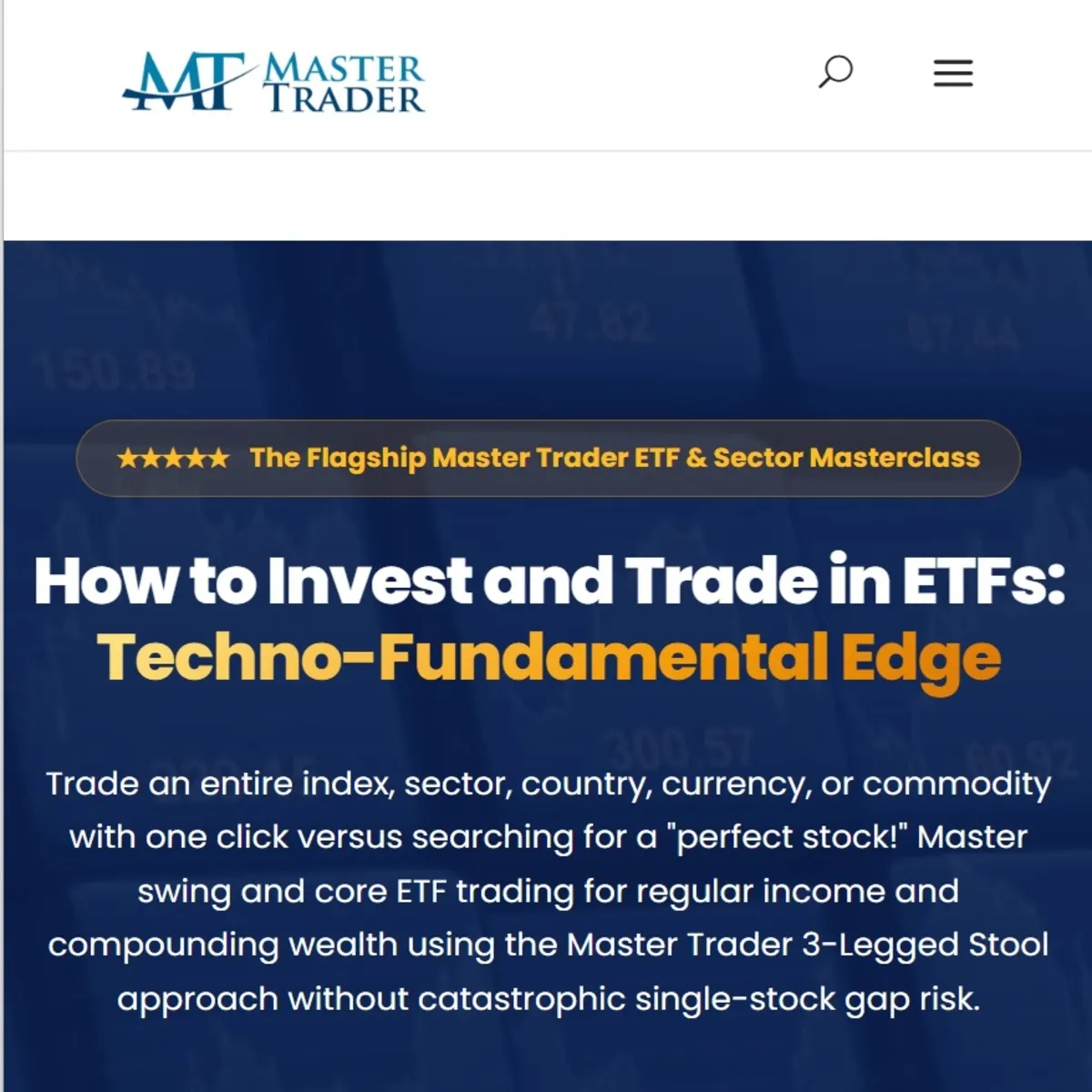 Master Trader ETF trading course covering technical analysis, ETF selection, swing trading, position trading, and options strategies