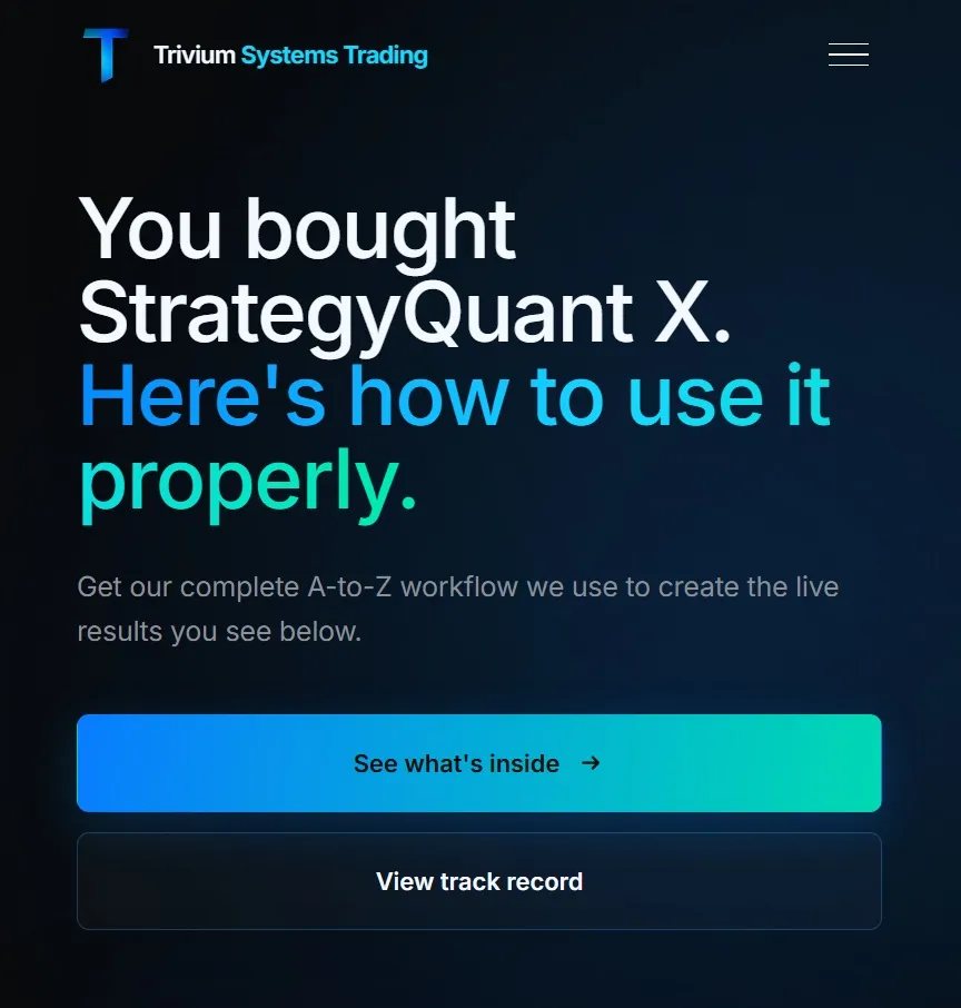 Trivium Systems Trading SQX course covering algorithmic strategy testing, portfolio creation, risk management, and deployment